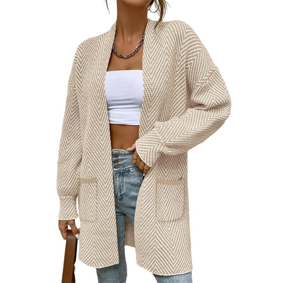 Knitted Long Jackets for Women Open Front Sweater Cardigan with Pockets Long Sleeve Casual Fall Coat Mid Length (L, Beige)