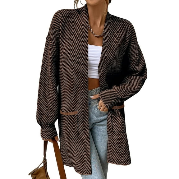 Knitted Long Jackets for Women Open Front Sweater Cardigan with Pockets Long Sleeve Casual Fall Coat Mid Length (L, Brown)