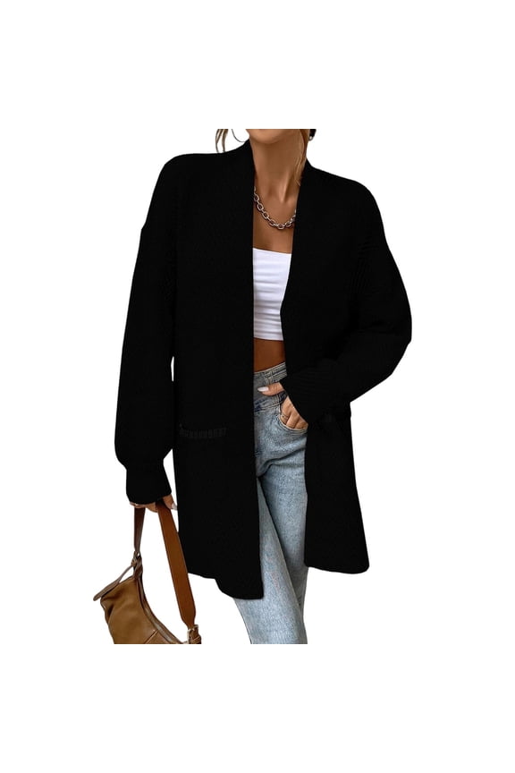 Knitted Long Jackets for Women Open Front Sweater Cardigan with Pockets Long Sleeve Casual Fall Coat Mid Length (M, Black)