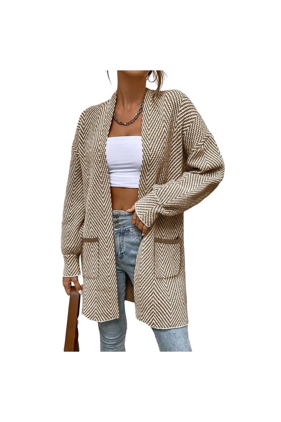Knitted Long Jackets for Women Open Front Sweater Cardigan with Pockets Long Sleeve Casual Fall Coat Mid Length (M, Khaki)