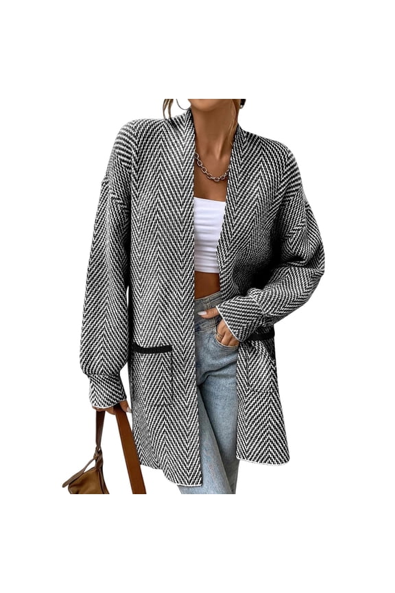 Knitted Long Jackets for Women Open Front Sweater Cardigan with Pockets Long Sleeve Casual Fall Coat Mid Length (S, Gray)