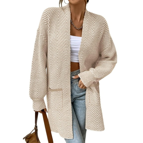 Knitted Long Jackets for Women Open Front Sweater Cardigan with Pockets Long Sleeve Casual Fall Coat Mid Length (S, White)