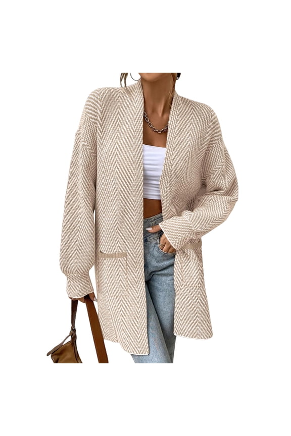 Knitted Long Jackets for Women Open Front Sweater Cardigan with Pockets Long Sleeve Casual Fall Coat Mid Length (XL, White)