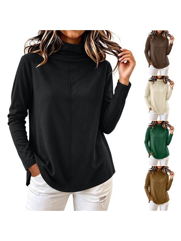 Knitted Long Sleeve Shirts For Women Double Layer Mock Neck Blouse Autumn Winter Loose Fit Trendy Tunic Tee Tops