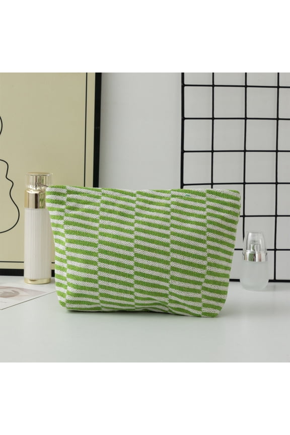 Knitted Makeup Bag Large Striped Color Block Cosmetic Bag for Women, Soft Yarn Travel Toiletry Organizer Pouch, Multifunctional Pencil Case for Sch-ool