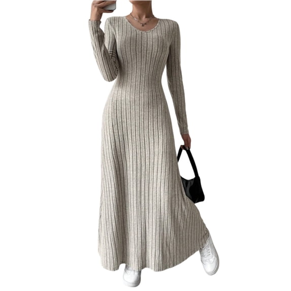 Knitted Maxi Dress Women Elegant Party Autumn Winter O Neck Long Sleeves Sexy Slim Long Dresses Casual Holiday Street Dress Elegant Party Dresses 2025 Khaki XL