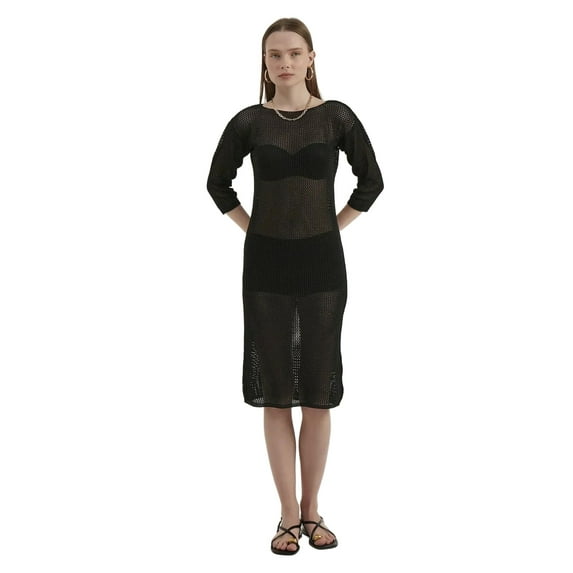 Knitted Mesh Round Neck Midi Dress