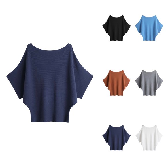 Knitted Off The Shoulder Batwing Sweater Short Sleeve Pullover Sweater Loose Ribbed Top