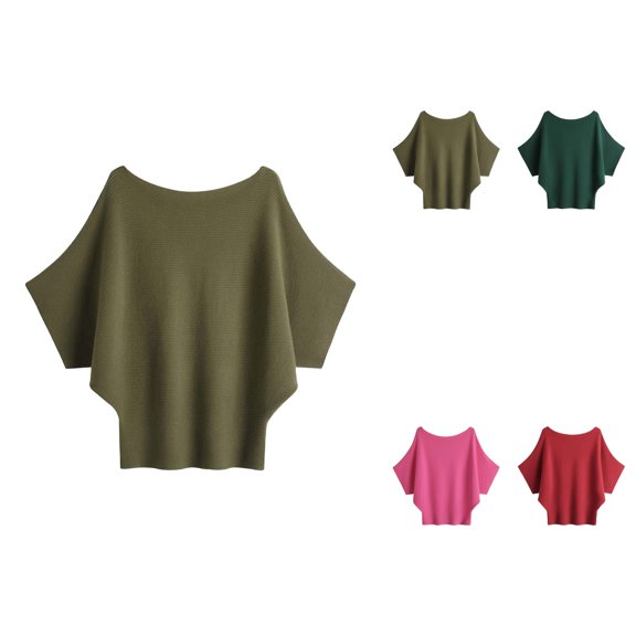 Knitted Off The Shoulder Batwing Sweater Short Sleeve Pullover Sweater Loose Ribbed Top