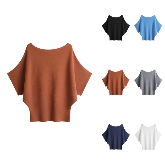 Knitted Off The Shoulder Batwing Sweater Short Sleeve Pullover Sweater Loose Ribbed Top