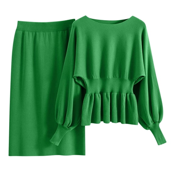 Knitted Outfits for Women Pullover Elegant Crewneck Peplum Sweater and Midi Skirt Comfort Fall Winter 2 Piece Sets