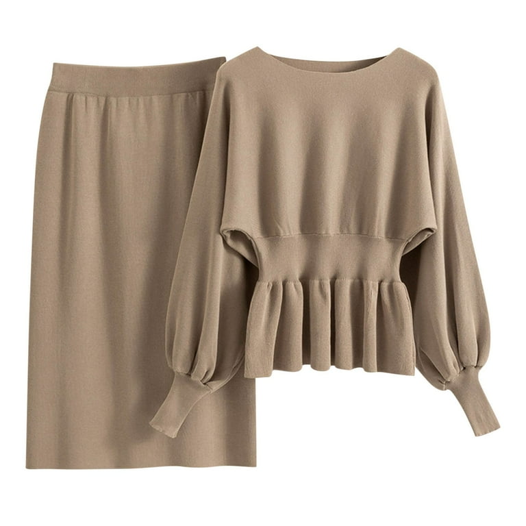 Knitted Outfits for Women Pullover Elegant Crewneck Peplum Sweater and Midi Skirt Comfort Fall Winter 2 Piece Sets