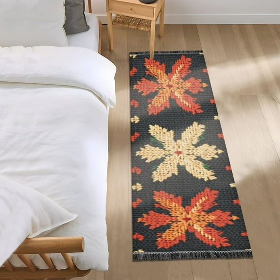 Knitted Pattern Maple Leaves Bedside Runner Rug 2'x 6' Non Slip Carpet Floor Mat Area Rug