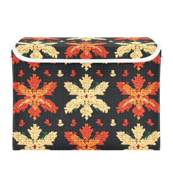 Knitted Pattern Maple Leaves Foldable Storage Bin with Lid and Handle Collapsible Storage Box 16.5 x 12.6 x 11.8 inches
