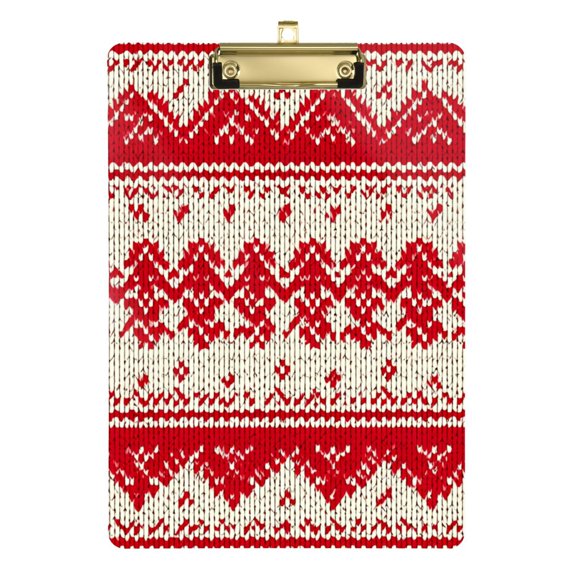 Knitted Pattern in Christmas Red Acrylic Clipboard Drawing Board with Hook Writing Pad File Storage A4 Size Gold 12.5" x 9"