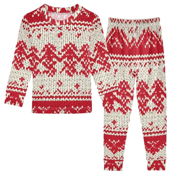 Knitted Pattern in Christmas Red Cotton Pajama Set Long Sleeve Top and Pants Sleepwear Unisex 8Y