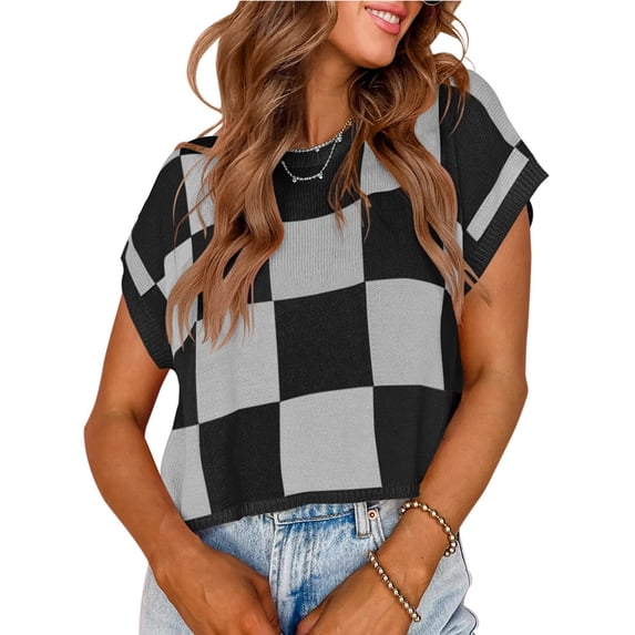 Knitted Plaid Sweater Cap Sleeve Crop Top Round Neck Color Block Long Sleeve Women Pullovers Fashionable Casual Wear
