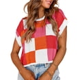 thumbnail image 1 of Knitted Plaid Sweater Cap Sleeve Crop Top Round Neck Color Block Long Sleeve Women Pullovers Fashionable Casual Wear, 1 of 2