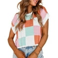 thumbnail image 1 of Knitted Plaid Sweater Cap Sleeve Crop Top Round Neck Color Block Long Sleeve Women Pullovers Fashionable Casual Wear, 1 of 2
