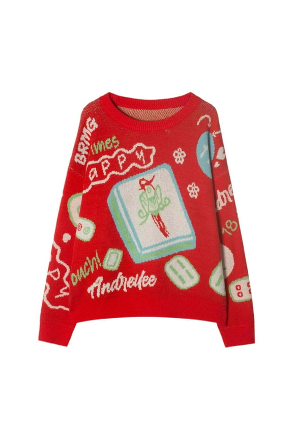 Knitted Pullover Sweater For Women Winter Autumn Warm Christmas Style With Mahjong Pattern Versatile Casual Top Women's Pullover Sweaters Dressy Lightweight Sweaters for Men Womens Sweaters Winter