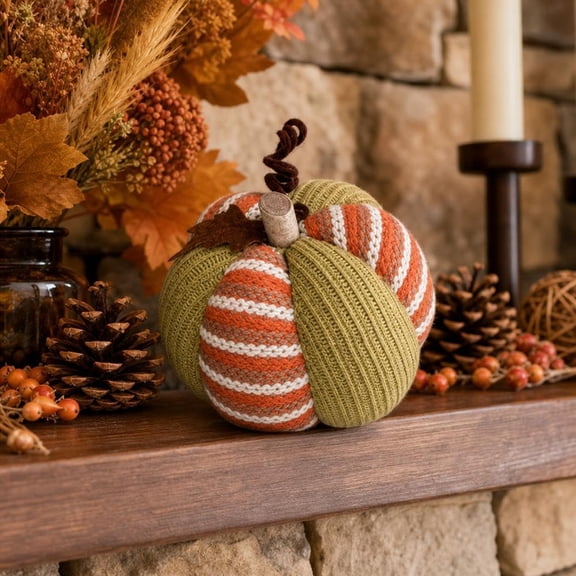 Knitted Pumpkin Decor, Soft Fall Harvest Crochet Pumpkin Ornament for Thanksgiving Mantel and Table Decoration, 7.09 In