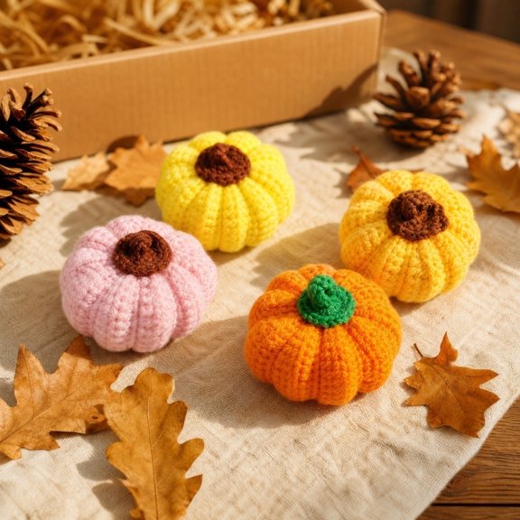 Knitted Pumpkin Yarn Figurine Desktop Display, Handmade Wool Harvest Ornament for Home Decor, Fall Gift Box Decoration