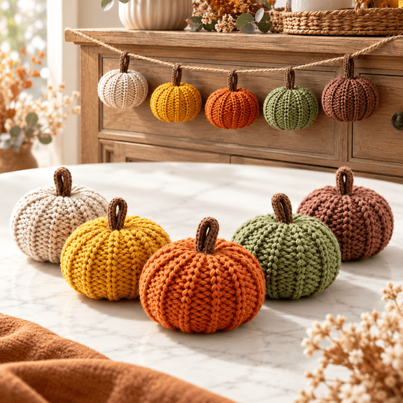 Knitted Pumpkins Decor, Handmade Crochet Rustic Farmhouse Fall Halloween Thanksgiving, Orange Yellow Green Brown Beige, Set of 5