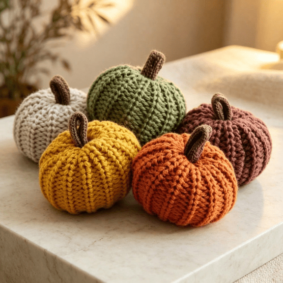 Knitted Pumpkins Decor, Handmade Crochet Rustic Farmhouse Fall Halloween Thanksgiving, Orange Yellow Green Brown Beige, Set of 5