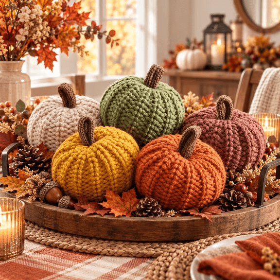 Knitted Pumpkins Decor, Handmade Crochet Small Pumpkin Ornaments, Fall Harvest Thanksgiving Tabletop Decorations, 5 Count