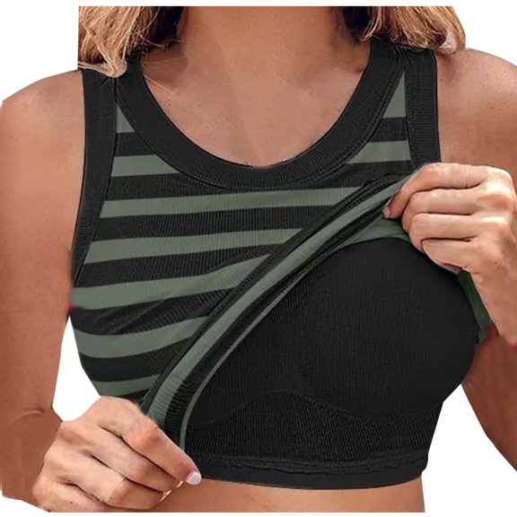 Knitted Ribbed Tank Tops for Women Round Neck Striped Color Block Y2k Going Out Undershirt Tees with Built In Bra