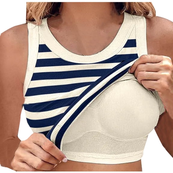 Knitted Ribbed Tank Tops for Women Round Neck Striped Color Block Y2k Going Out Undershirt Tees with Built In Bra