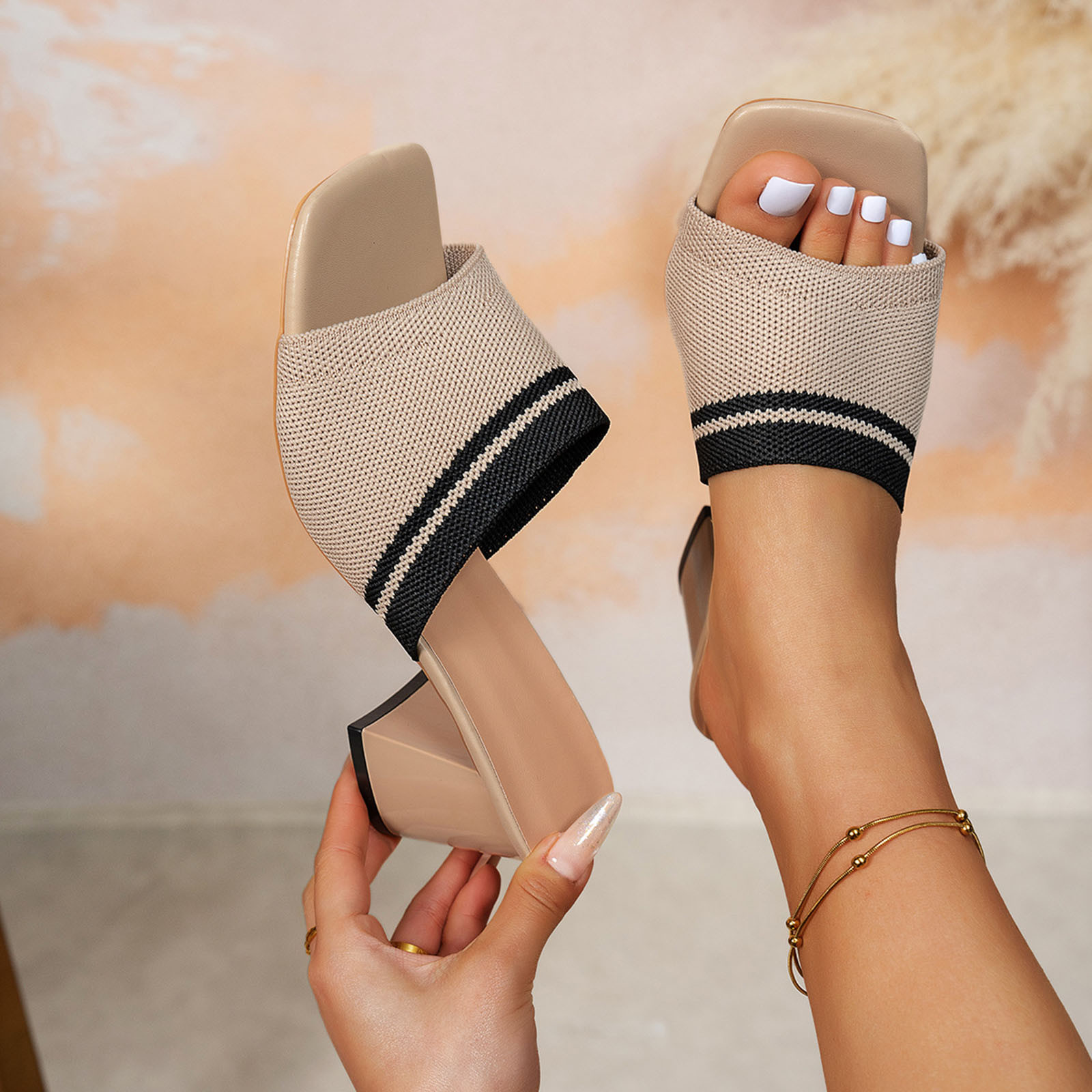 Vacation Style Apricot Woven Chunky Heel Clip Toe Slide Sandals main image 0