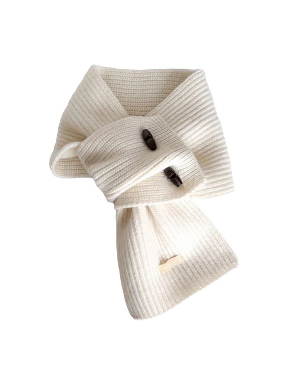 Knitted Scarf for Women Soft Ribbed Neck Scarf with Button Closure Lightweight Solid Color Wrap for Fall and Winter White
