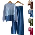 thumbnail image 1 of Knitted Sets for Women 2 Piece Long Sleeve Crewnceck Pleated Top Elastic Waist Wide Leg Pants Casual Loose Color Block Suit Fashion Fall Winter Cozy Warm Outfits, 1 of 4