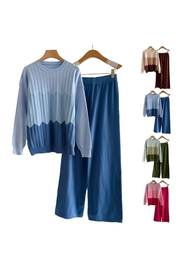Knitted Sets for Women 2 Piece Long Sleeve Crewnceck Pleated Top Elastic Waist Wide Leg Pants Casual Loose Color Block Suit Fashion Fall Winter Cozy Warm Outfits