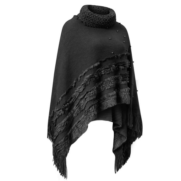 Knitted Shawl Poncho with Fringed Turtleneck Striped Sweater Pullover Cape for Women