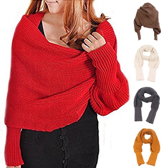 Knitted Shawl Scarf with Sleeves Women Autumn Winter Solid Color Long Knitting Scarf Casual Literary Style Elastic Shawl Wrap Scarf