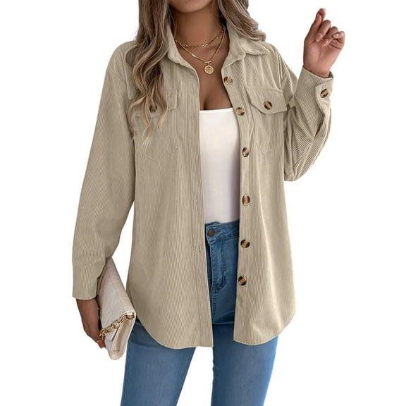 Knitted Shirt Women'S Autumn Short-Sleeved Corduroy Shirt Long-Sleeved Shirt Button Shirt Jacket Apricot M