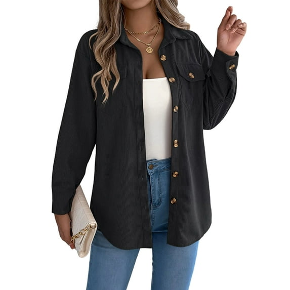 Knitted Shirt Women'S Autumn Short-Sleeved Corduroy Shirt Long-Sleeved Shirt Button Shirt Jacket Black XXL