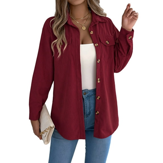 Knitted Shirt Women'S Autumn Short-Sleeved Corduroy Shirt Long-Sleeved Shirt Button Shirt Jacket Wine Red XXL