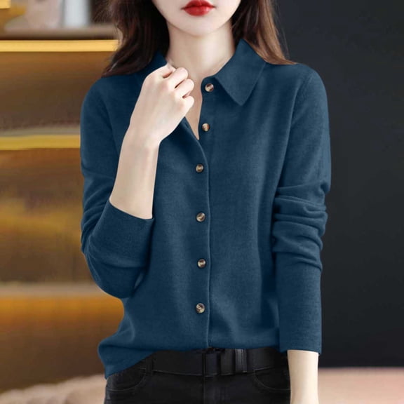 Knitted Shirts For Women Lapel Button Down Long Sleeve Sweater Cardigan Casual Stylish Office Clothing (M, Dark Blue)