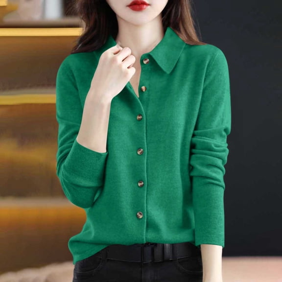 Knitted Shirts For Women Lapel Button Down Long Sleeve Sweater Cardigan Casual Stylish Office Clothing (S, Green)