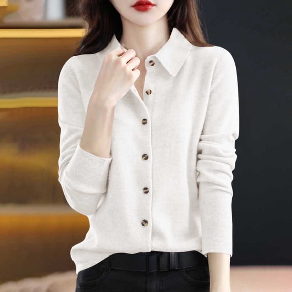 Knitted Shirts For Women Lapel Button Down Long Sleeve Sweater Cardigan Casual Stylish Office Clothing (XL, Beige)