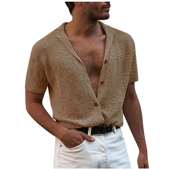 Knitted Shirts for Men Fashion Button Down V Neck Summer Short Sleeve Business Casual Beach Vacation Shirts