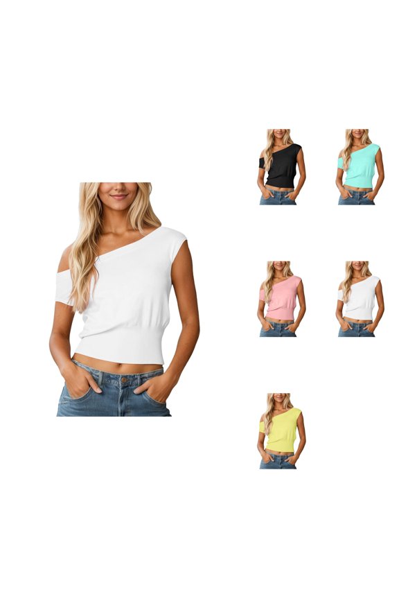 Knitted Off Shoulder Asymmetrical Sleeve Slim Fit Cropped T Shirt, Womens 2026 Summer Cute Dolman Short Sleeve Tee Shirts, Y2K Asymmetrical Casual Loose Off The Shoulder Tops for Daily Wear