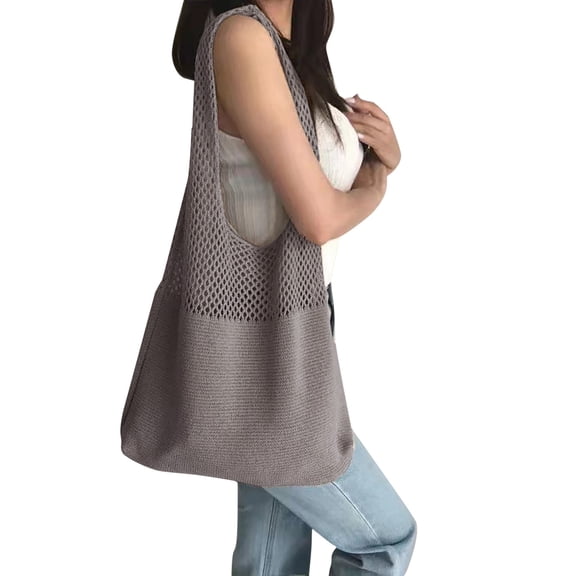 Knitted Shoulder Tote Bag for Women Large Crochet Beach Bag Handbags Portable Retro Hollow Shoulder Vest Bag for Summer Vacation Travel Beachy Gray