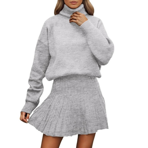Knitted Skirt Set Womens 2 Pieces Fall Dresses For Women Long Sleeve High Neck Sweaters Top Mini Skirt Knit Casual Outfits Solid Color