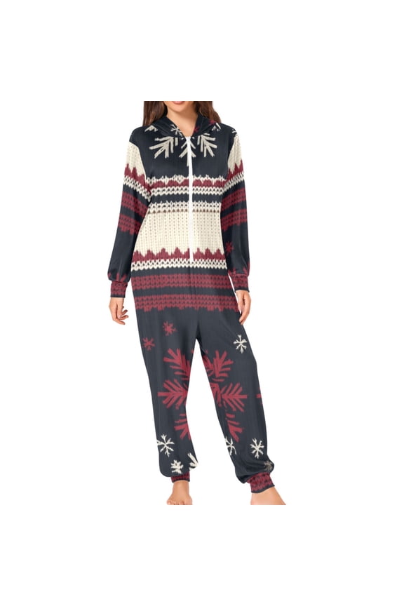 Knitted Snowflakes Ugly Sweater Pattern Adult's Hoodie Onesie Jumpsuit One-Piece Pajamas with Zipper Unisex for Holiday S