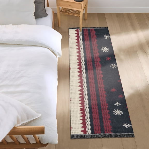 Knitted Snowflakes Ugly Sweater Pattern Bedside Runner Rug 2'x 6' Non Slip Carpet Floor Mat Area Rug