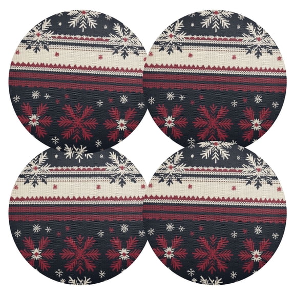 Knitted Snowflakes Ugly Sweater Pattern PVC Round Grid Placemat Table Mat Set 4 Pcs 15.4" x 15.4"